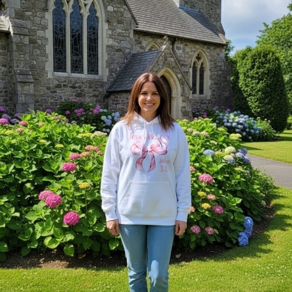 Tops - Women's White Hoodie with Pink Ribbon Design
